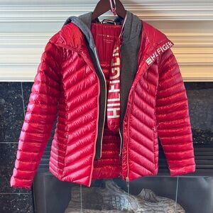 Tommy Hilfiger Red Quilted Hooded Puffer Jacket with Logo